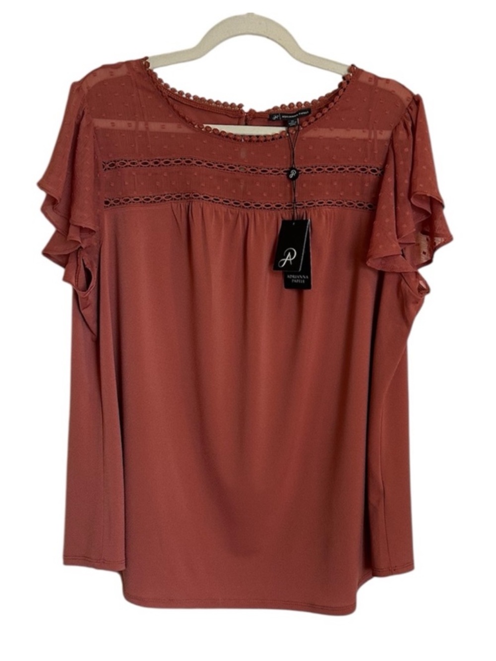 Adrianna Papell Rust Lace Yoke Flutter Sleeve Blouse NWT